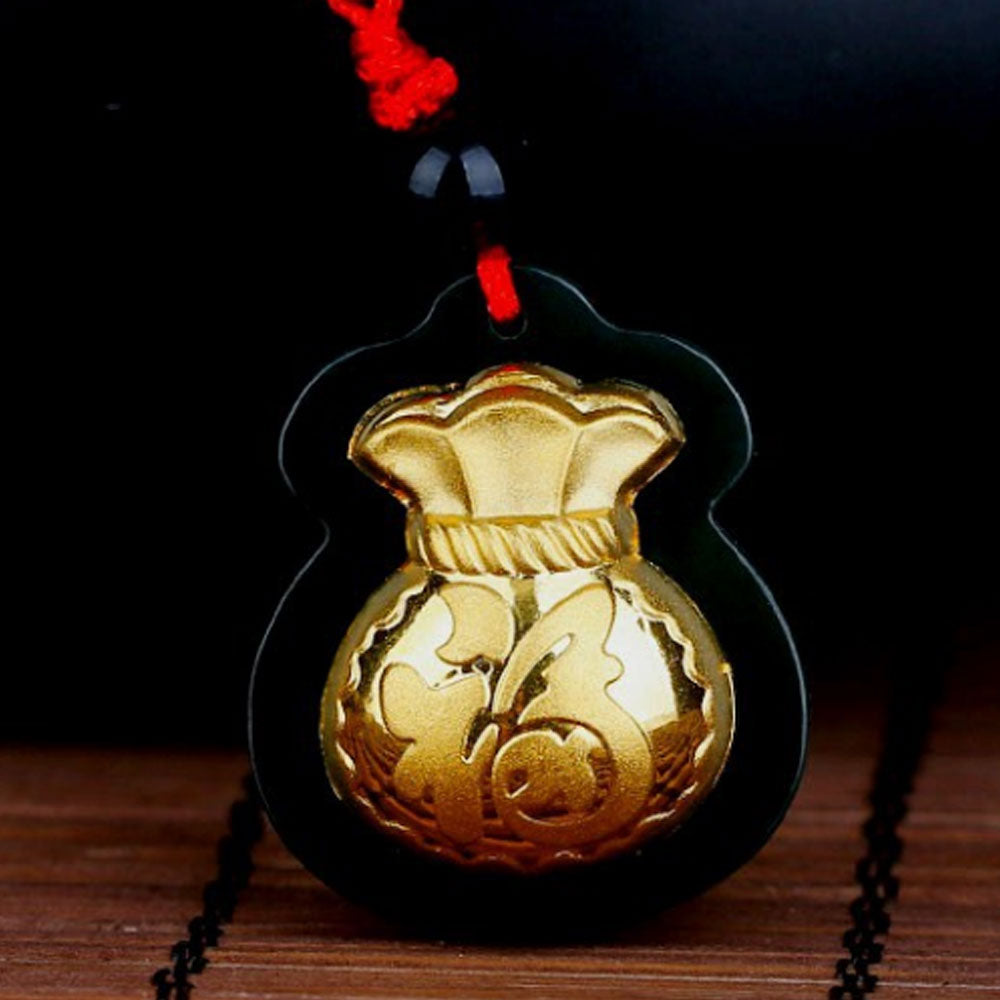 fahion 24k gold plated with blackish green hetian stone money bag gold necklace pendant jade jewelry