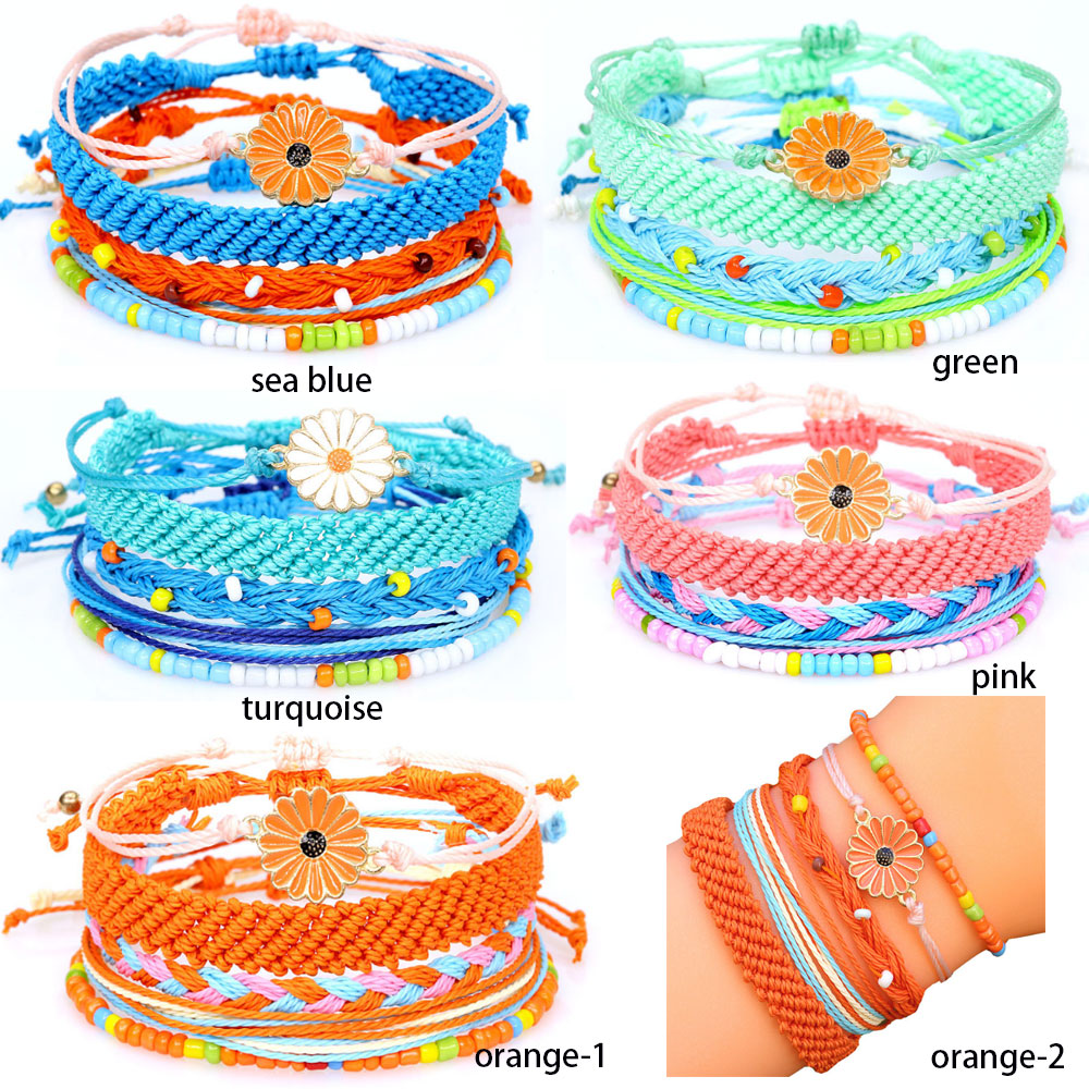 wholesale adjustable boho wax cotton cord string braid woven friendship bracelet beach flower charm bracelets kit jewelry for women