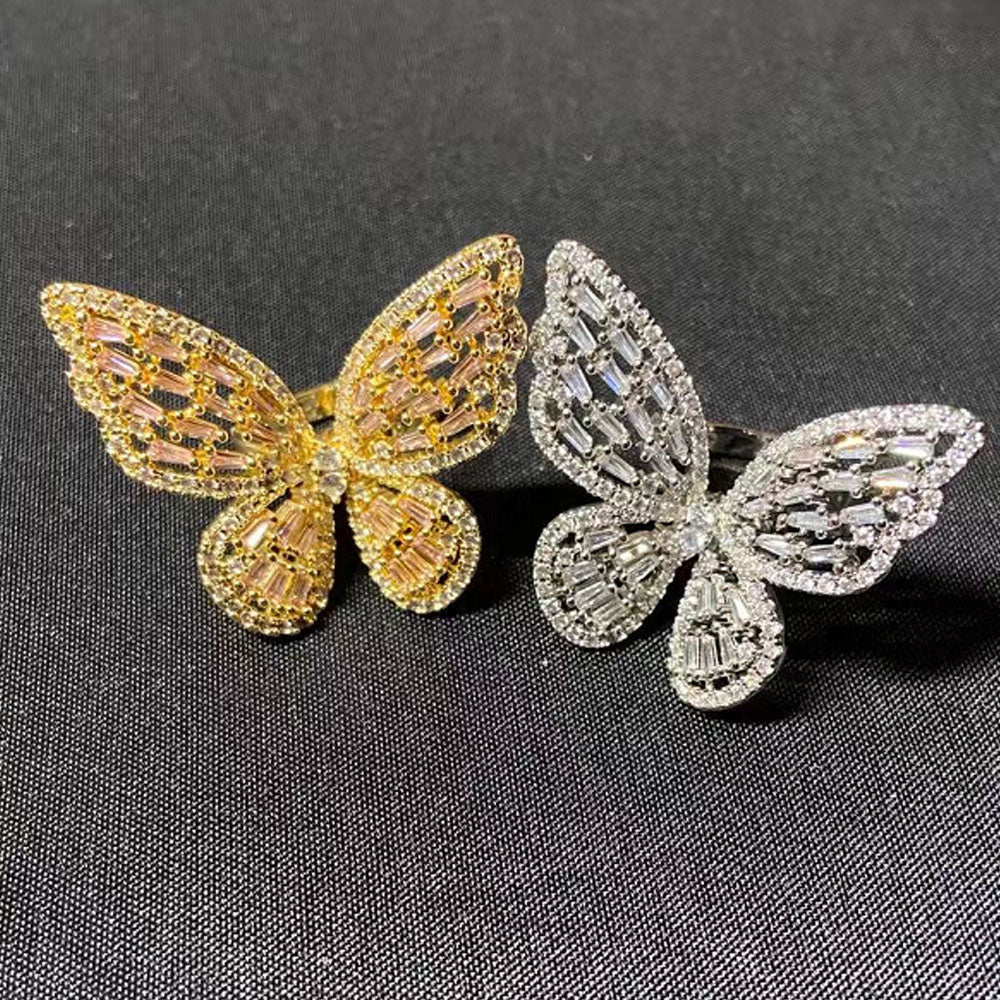 korean fashion brass 18k gold plated cubic zircon zirconia butterfly adjustable finger ring jewelry women