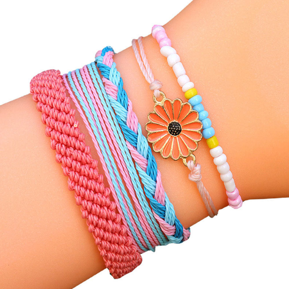 wholesale adjustable boho wax cotton cord string braid woven friendship bracelet beach flower charm bracelets kit jewelry for women