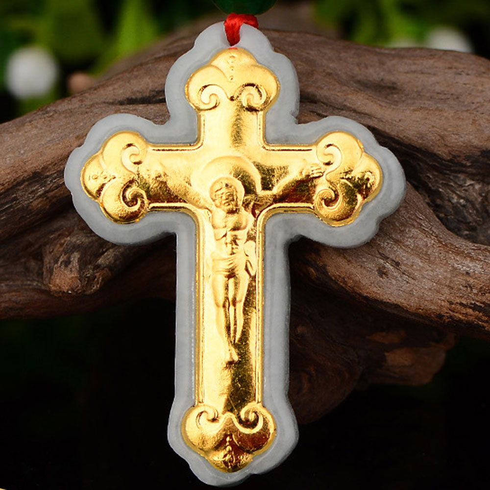 A grade Chinese jade stone fine gold cat four leaf clover leaf cross jesus Pendant Necklace Jewelry for Women Wholesale