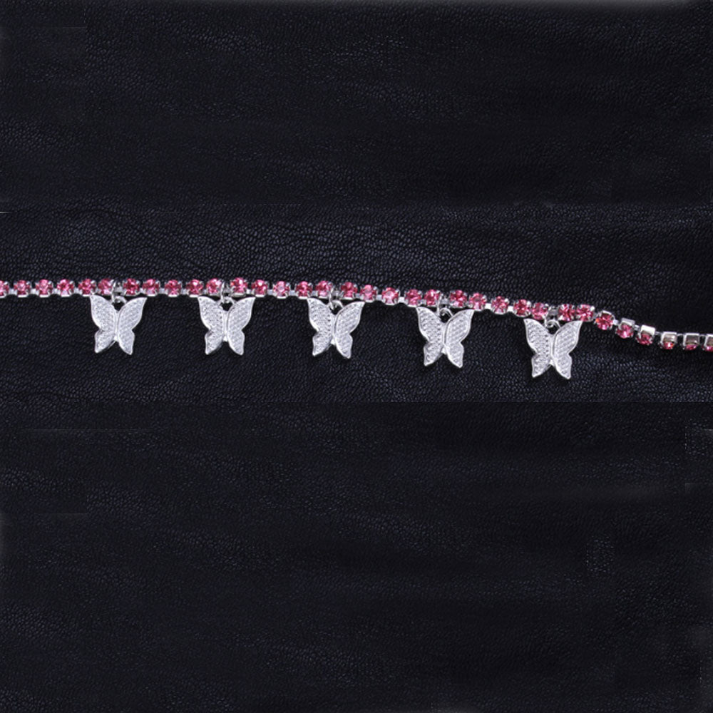 rhinestone beads diamond pink butterfly tennis anklet gold silver