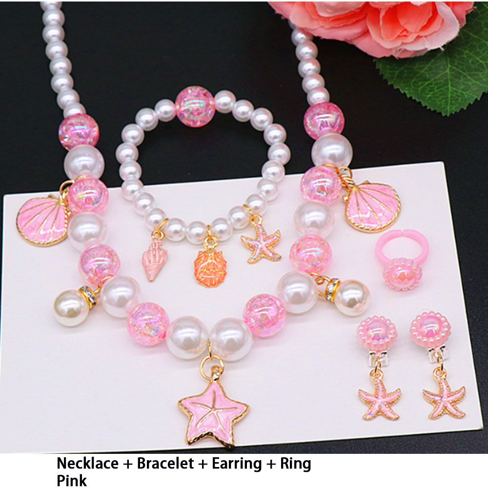 Wholesale Cheap kids Glass Pearl Beads Pink Blue White Cute Sea beach shell starfish Charms Princess Dress jewelry sets for children necklace bracelet