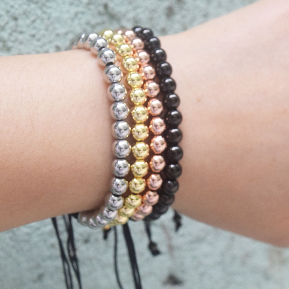 gold silver rose gold black 6mm stainless steel beads beaded jewelry cord adjustable bracelet jewelry men women unisex