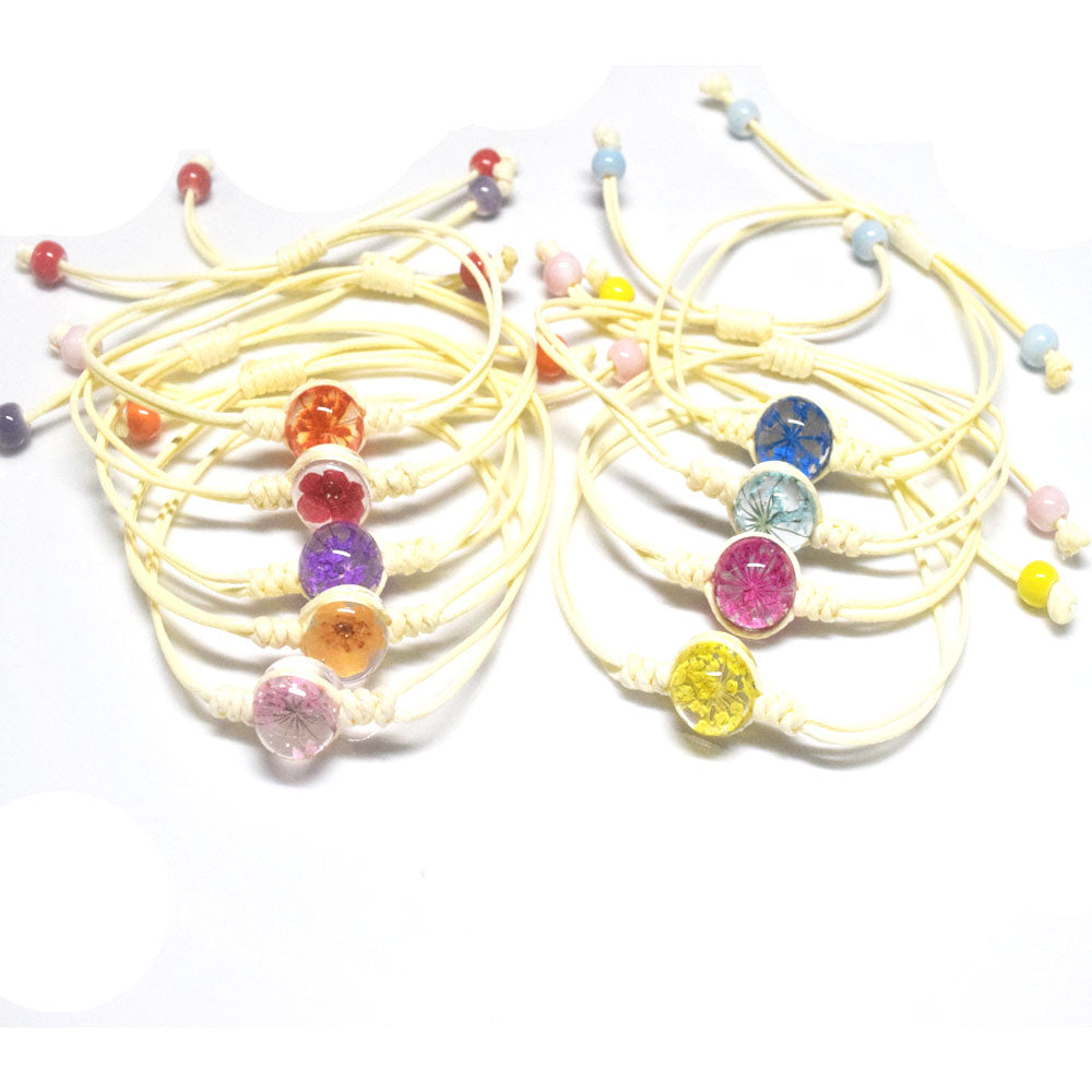 handmade wax cord string rope braided woven glass ball bead dried flower bracelet jewelry