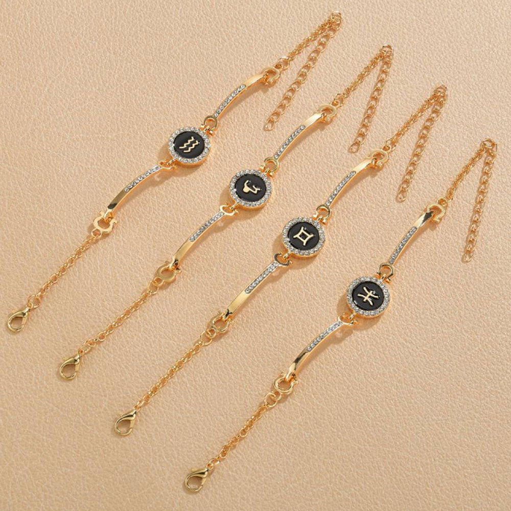 wholesale cubic zirconia diamond beads paving brass bangle 12 zodiac sings charm chain bracelet women adjustable