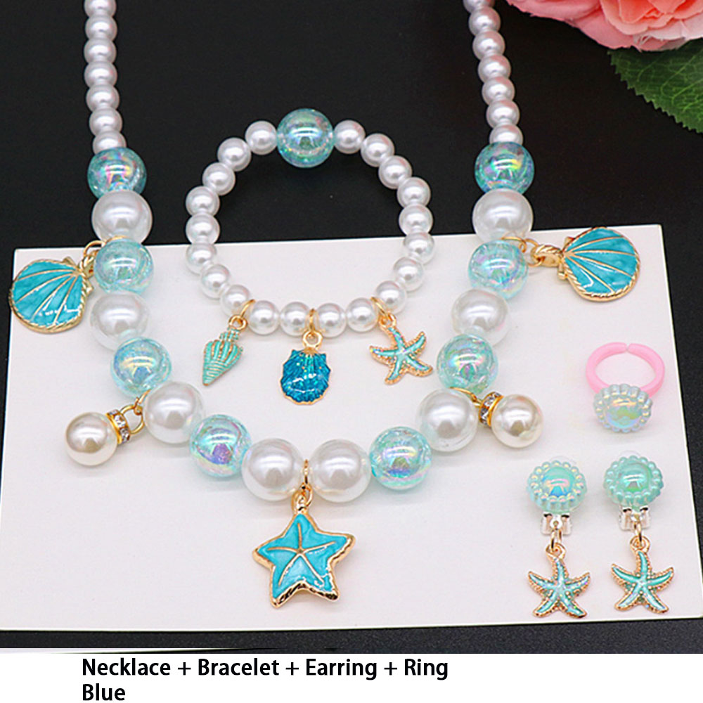 Wholesale Cheap kids Glass Pearl Beads Pink Blue White Cute Sea beach shell starfish Charms Princess Dress jewelry sets for children necklace bracelet