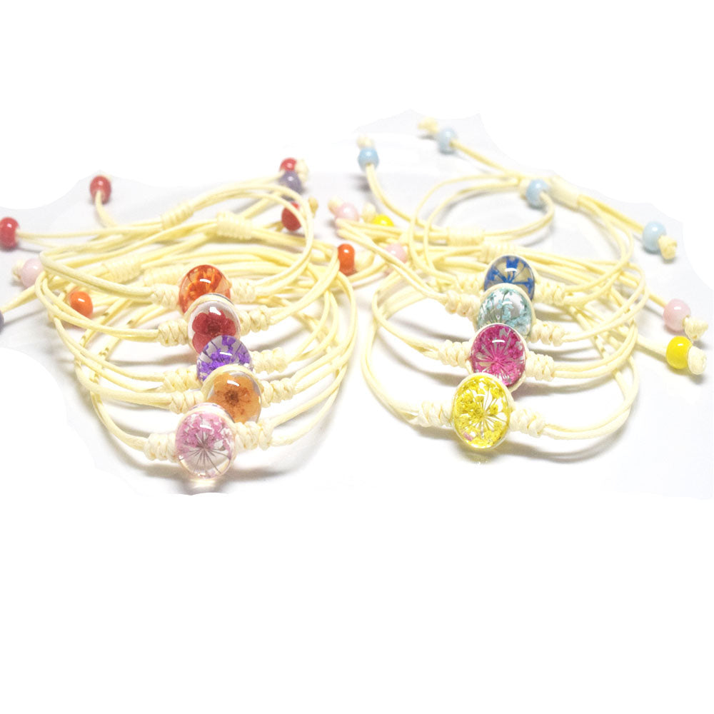 handmade wax cord string rope braided woven glass ball bead dried flower bracelet jewelry