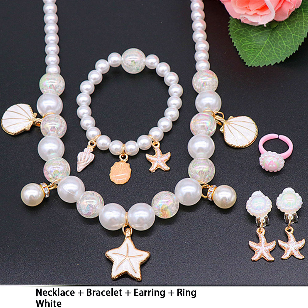 Wholesale Cheap kids Glass Pearl Beads Pink Blue White Cute Sea beach shell starfish Charms Princess Dress jewelry sets for children necklace bracelet