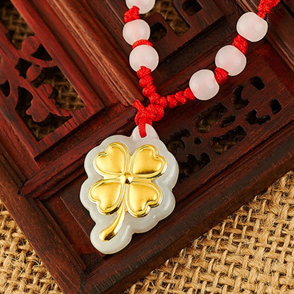 A grade Chinese jade stone fine gold cat four leaf clover leaf cross jesus Pendant Necklace Jewelry for Women Wholesale