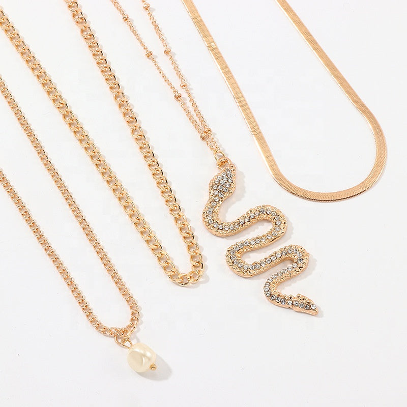 Vintage Chinese Style Alloy Snake Animal Necklace Pearl Crystal Rhinestone Beads Paving Snake Layered Zodiac Snake Necklace