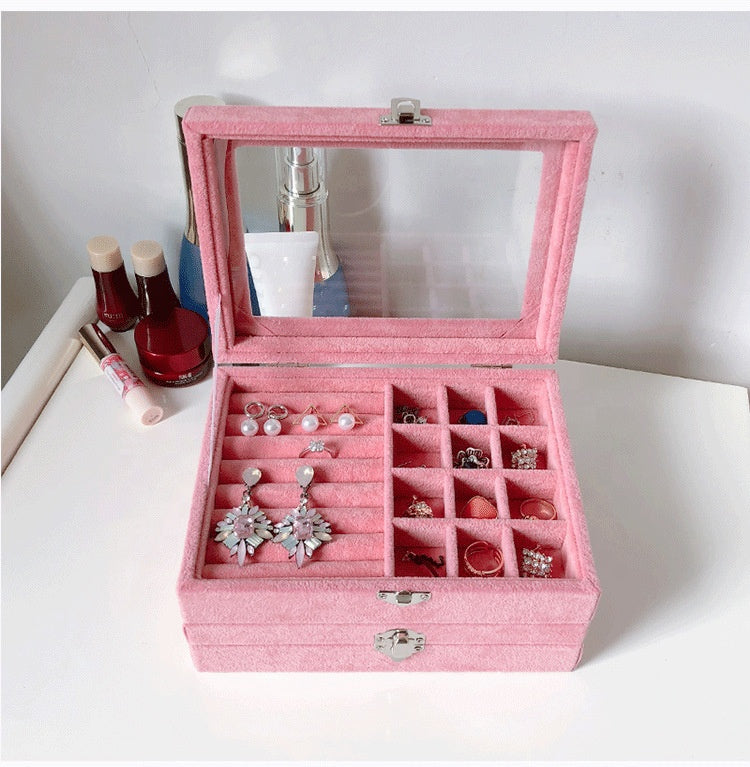 Pink Velvet jewelry tray with lid Luxury Wood Ring Earring Storage Case Display Box Organizer