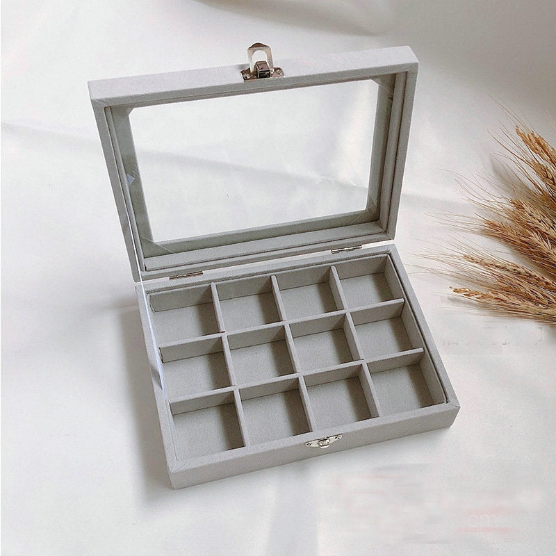 20*15*5cm Gray Velvet Flannelette Glass Acrylic Tray with lid Necklace Earring Ring Showcase Storage Organizer Box Jewellery Display Tray