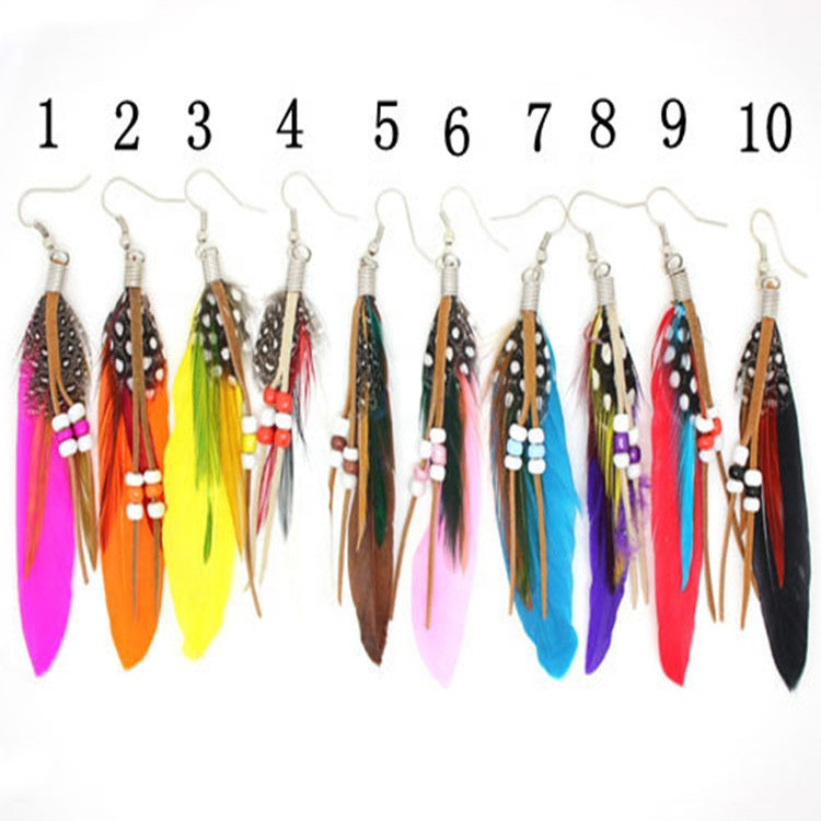 Vintage Ethnic Rainbow beads Feather Beaded Dangle Long Drop Earrings for Women Female Boho Alloy Jewelry Accessories