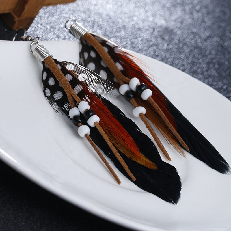 Vintage Ethnic Rainbow beads Feather Beaded Dangle Long Drop Earrings for Women Female Boho Alloy Jewelry Accessories