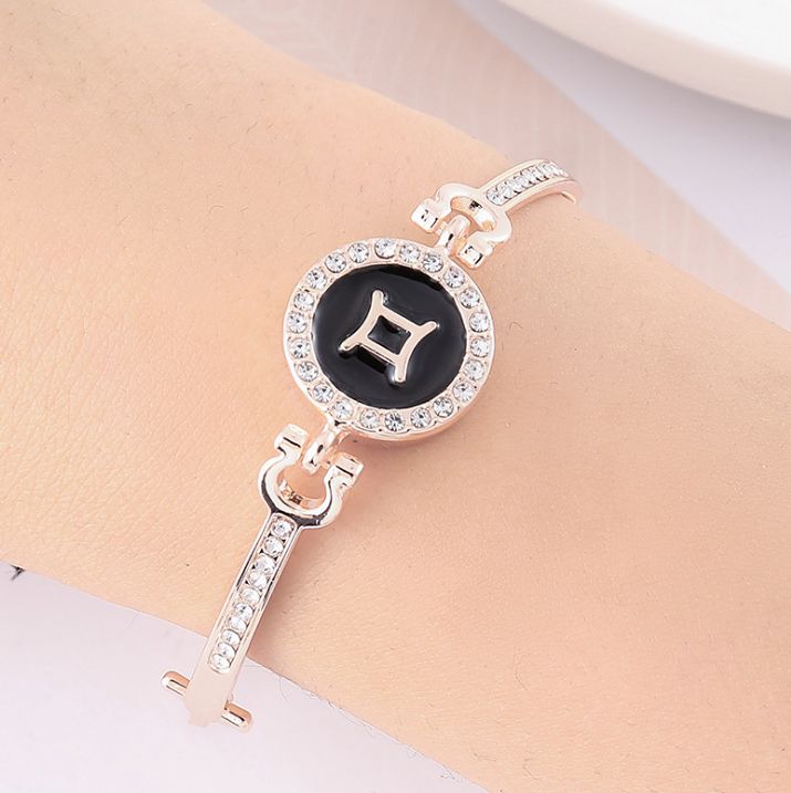 wholesale cubic zirconia diamond beads paving brass bangle 12 zodiac sings charm chain bracelet women adjustable