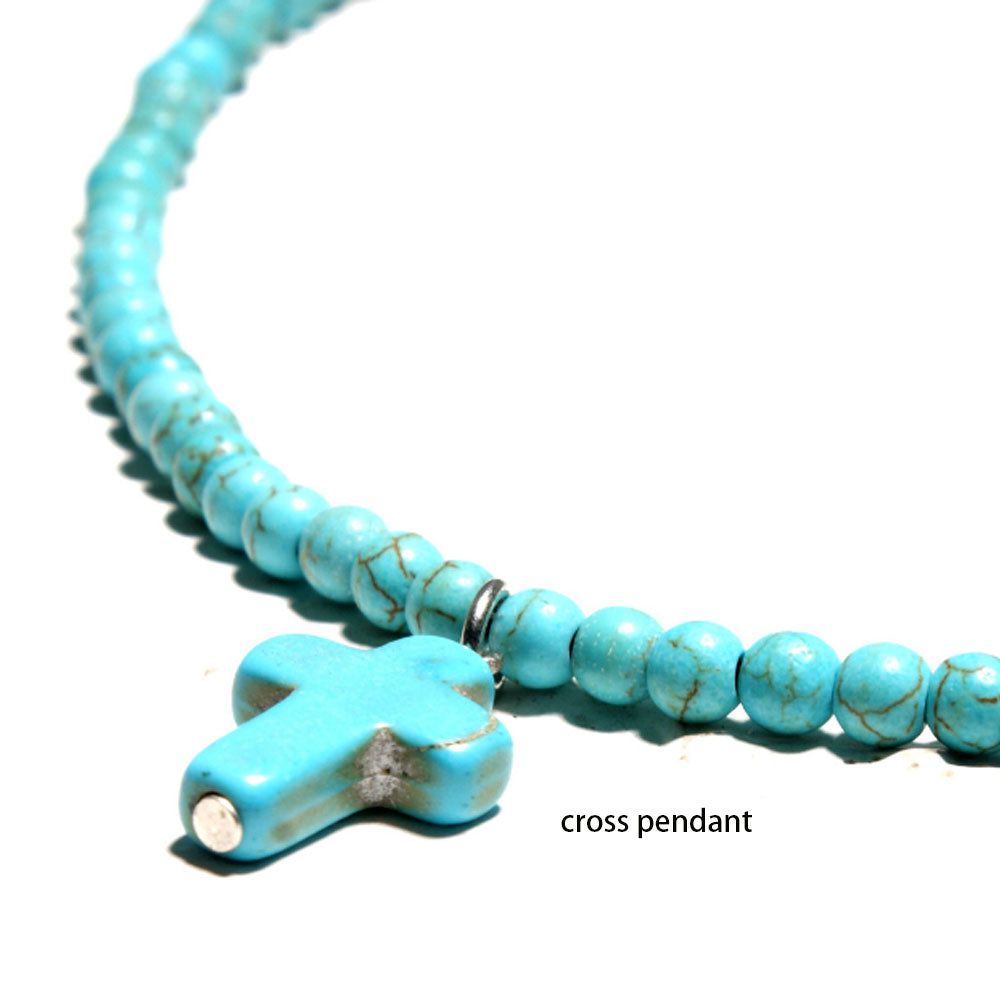 handmade blue turquoise and white howlite 4mm stone seed beads choker necklace with cross pendant