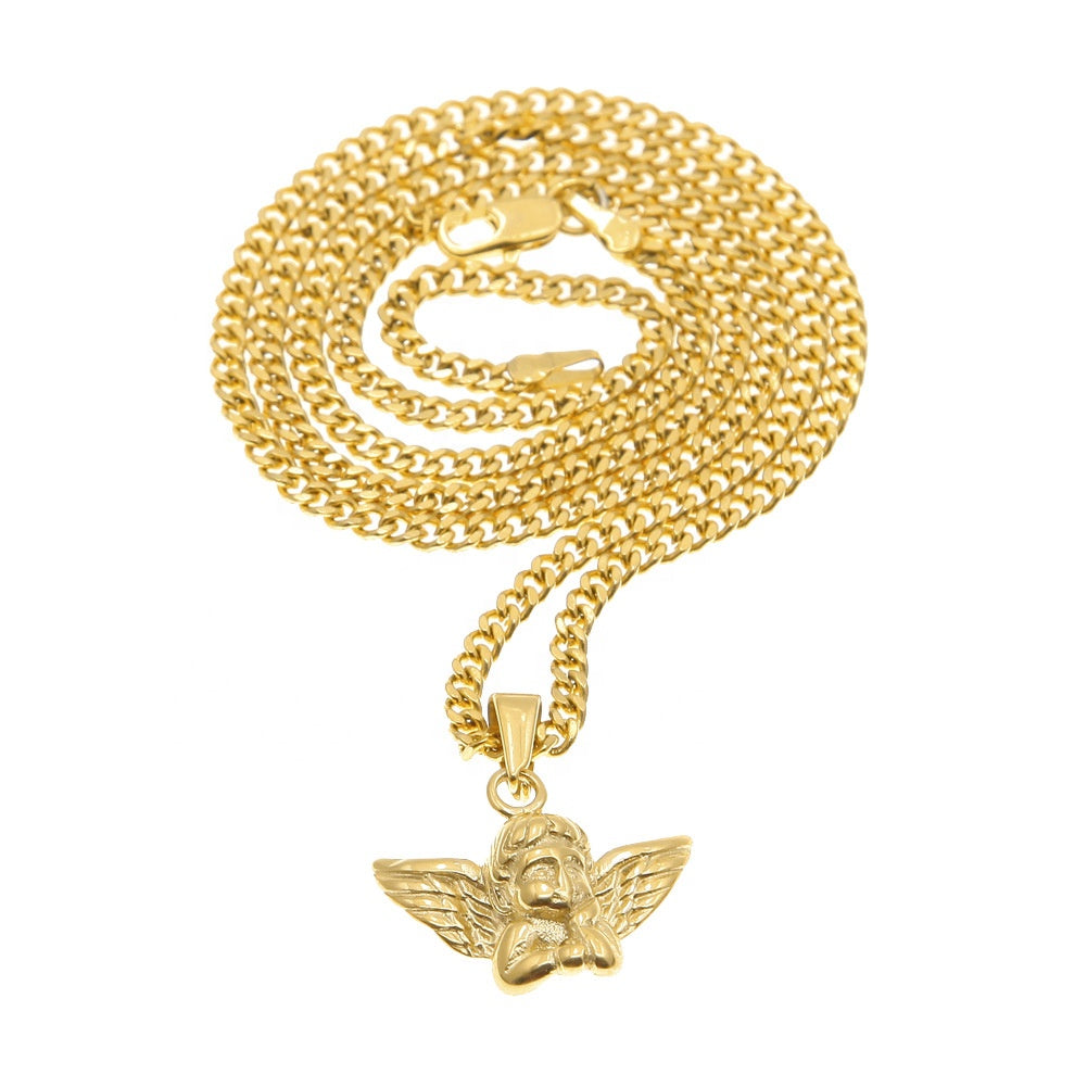 Fashion Hip Hop Men Necklace Stainless Steel 3mm Cuban Link Chain Copper with Gold Plated Angel Pendant Necklace