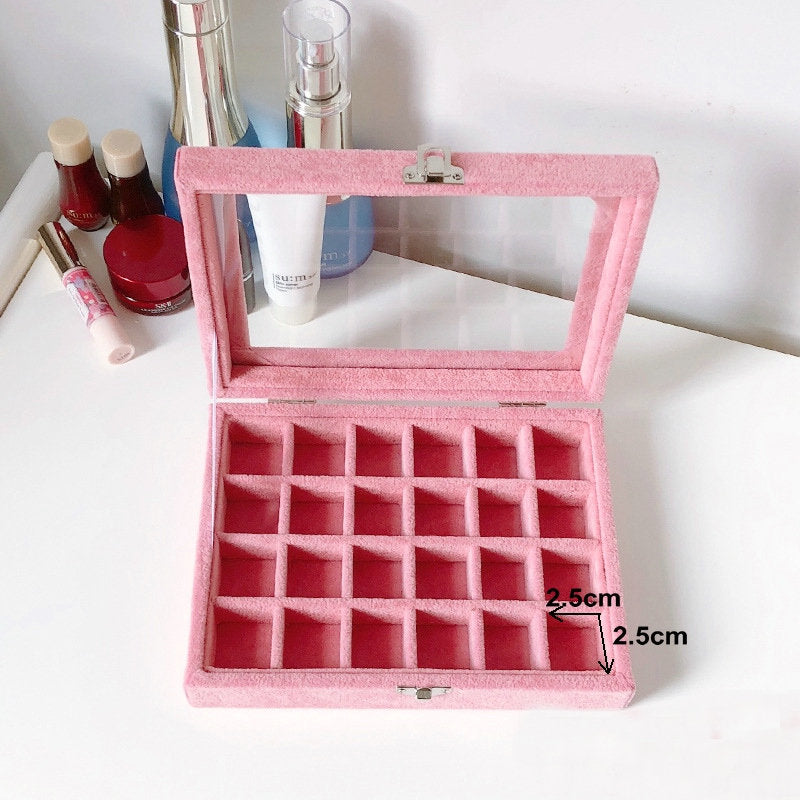 Pink Velvet jewelry tray with lid Luxury Wood Ring Earring Storage Case Display Box Organizer