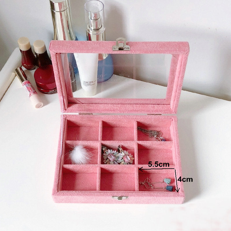 Pink Velvet jewelry tray with lid Luxury Wood Ring Earring Storage Case Display Box Organizer