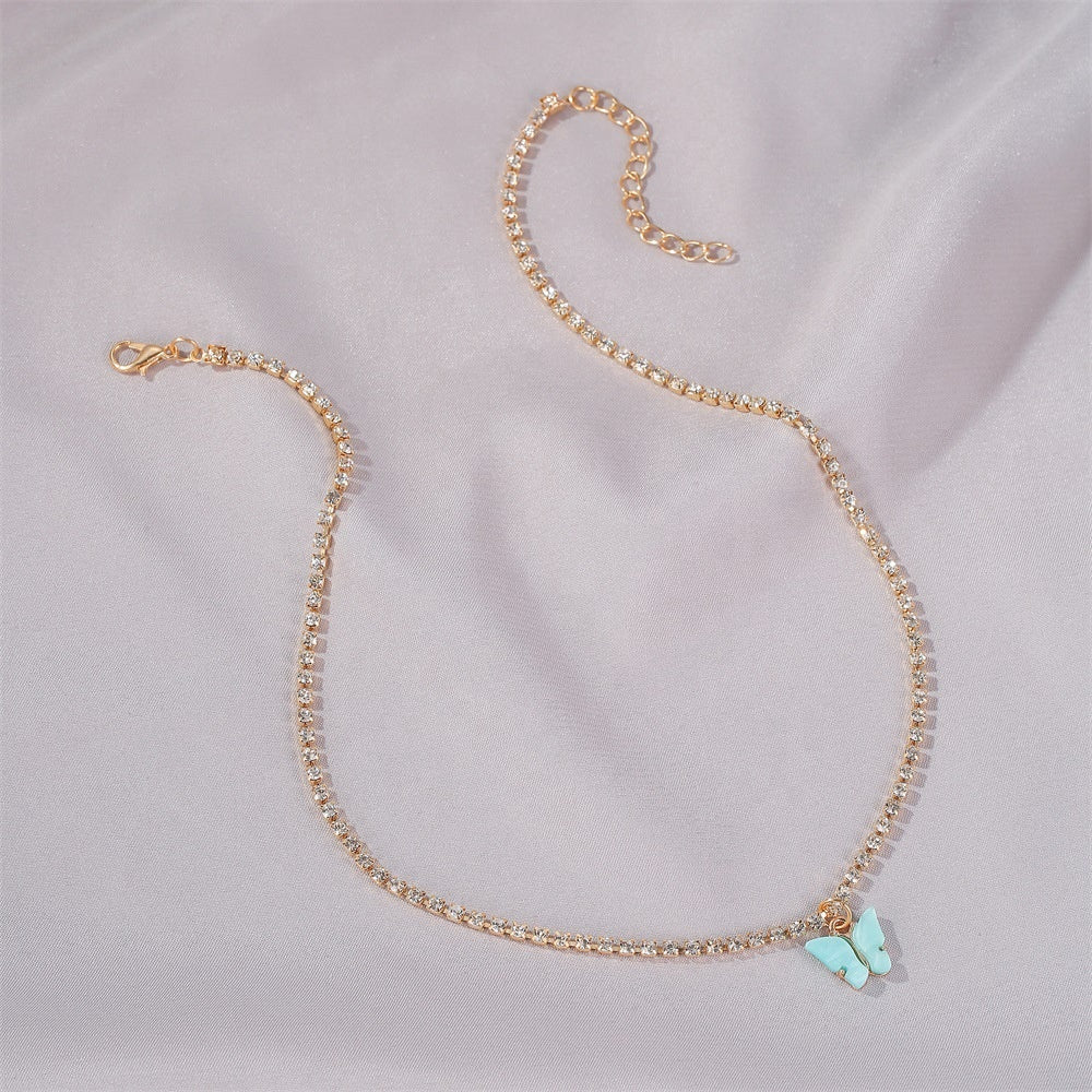 White Purple Blue Pink Butterfly Crystal Rhinestone Engraved Tennis Chain Charm Necklace Butterfly