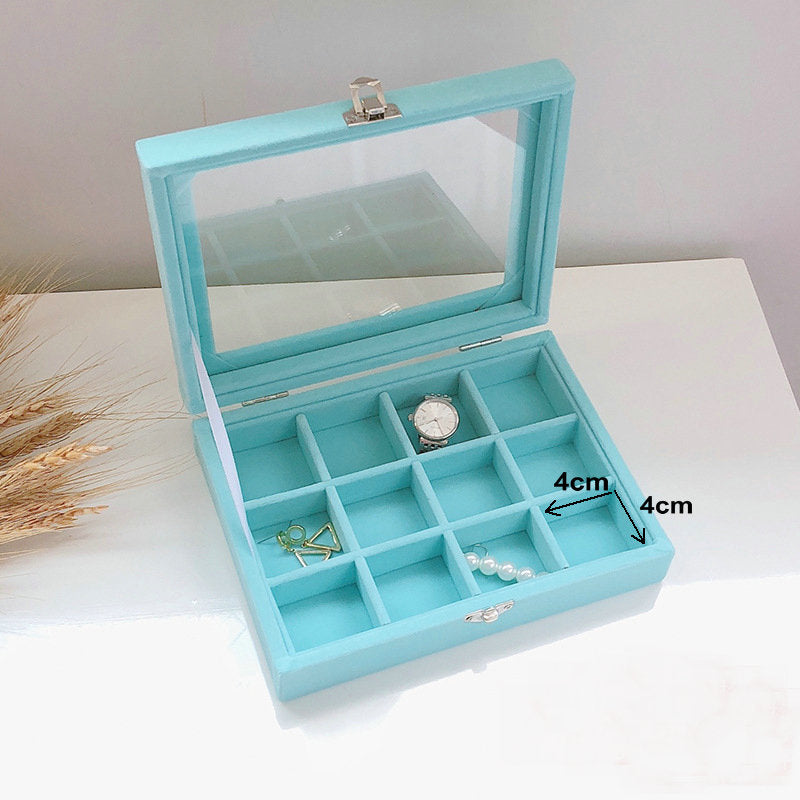 Blue Wood Velvet Watch Bangle Necklace Ring Earring Storage Case jewellery box Organizer Tray with glass lid