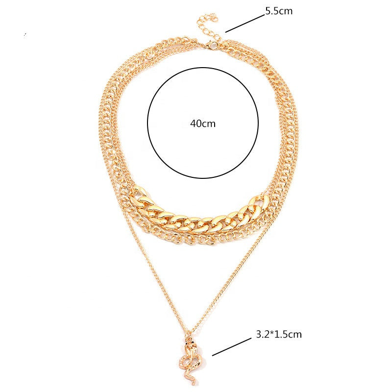 Trendy Chinese Style Alloy Snake Animal Necklace Jewelry Cuban Link Choker Layered Zodiac Snake Necklace