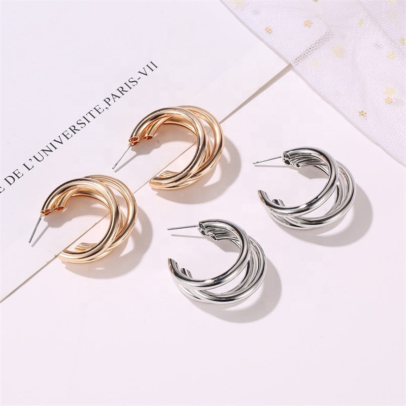Vintage multi layered geometric triple hoops earrings trendy minimalist gold plated hoop earrings