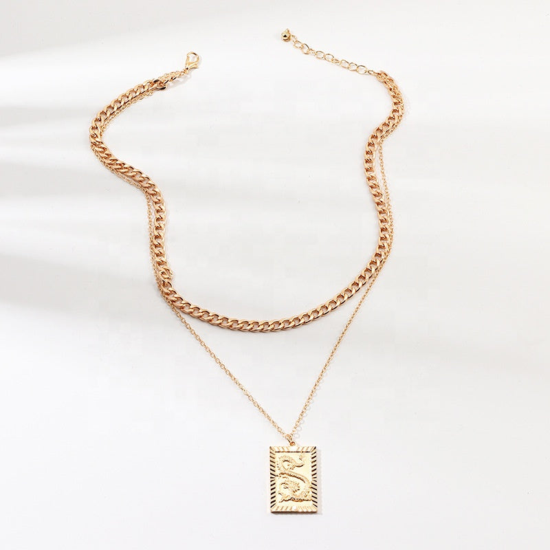Trendy alloy Punk Gold Dragon Coin Pendant Necklace Jewelry Cuban Link Choker Layered Zodiac Dragon Necklace