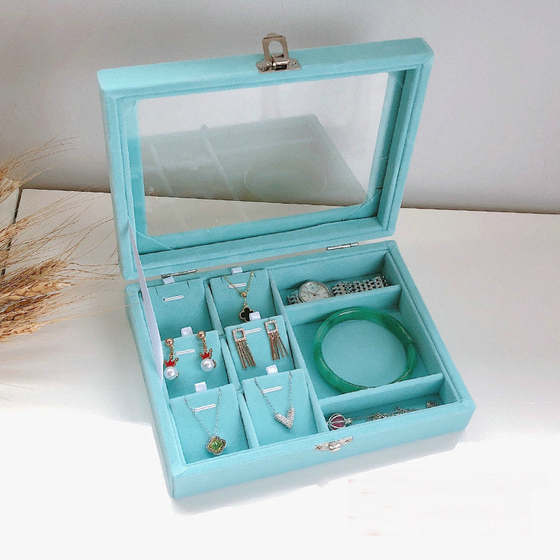 Blue Wood Velvet Watch Bangle Necklace Ring Earring Storage Case jewellery box Organizer Tray with glass lid