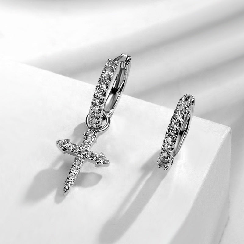 unisex alloy small asymmetric hoop jesus cross pendant dangle earring women earrings jewelry with diamond zircon beads paving