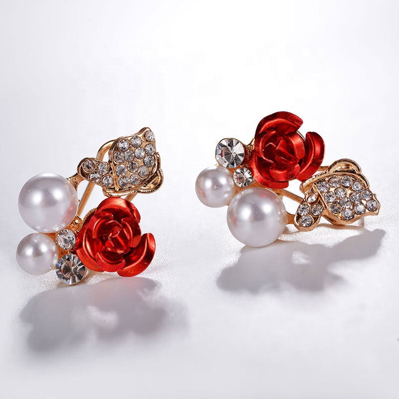 Rose Shape Pearl Crystal Zircon Butterfly Earring Camellia Flower Ear Stud Women Earring Jewelry