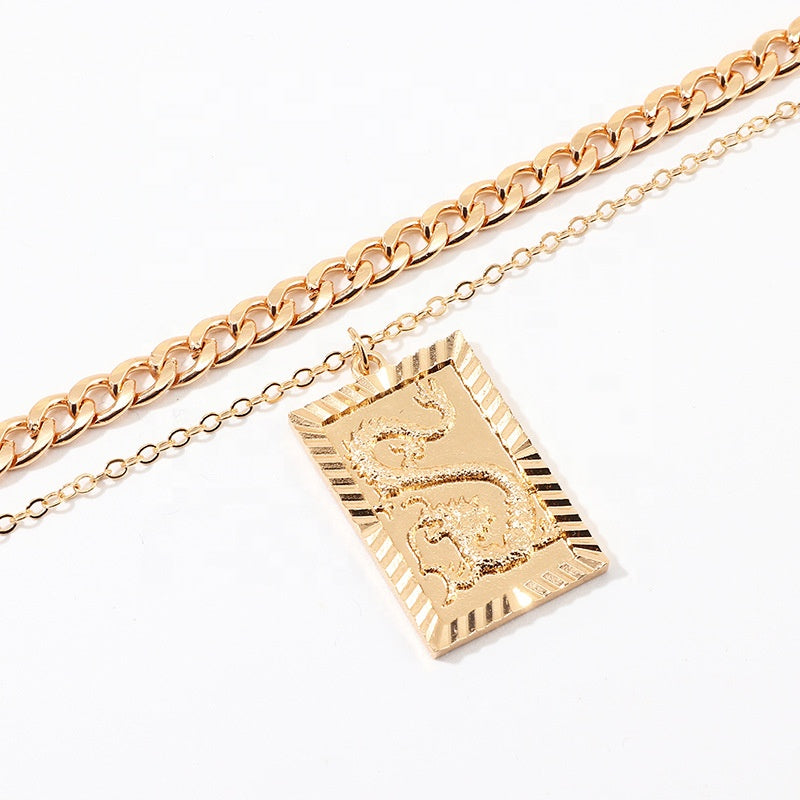Trendy alloy Punk Gold Dragon Coin Pendant Necklace Jewelry Cuban Link Choker Layered Zodiac Dragon Necklace