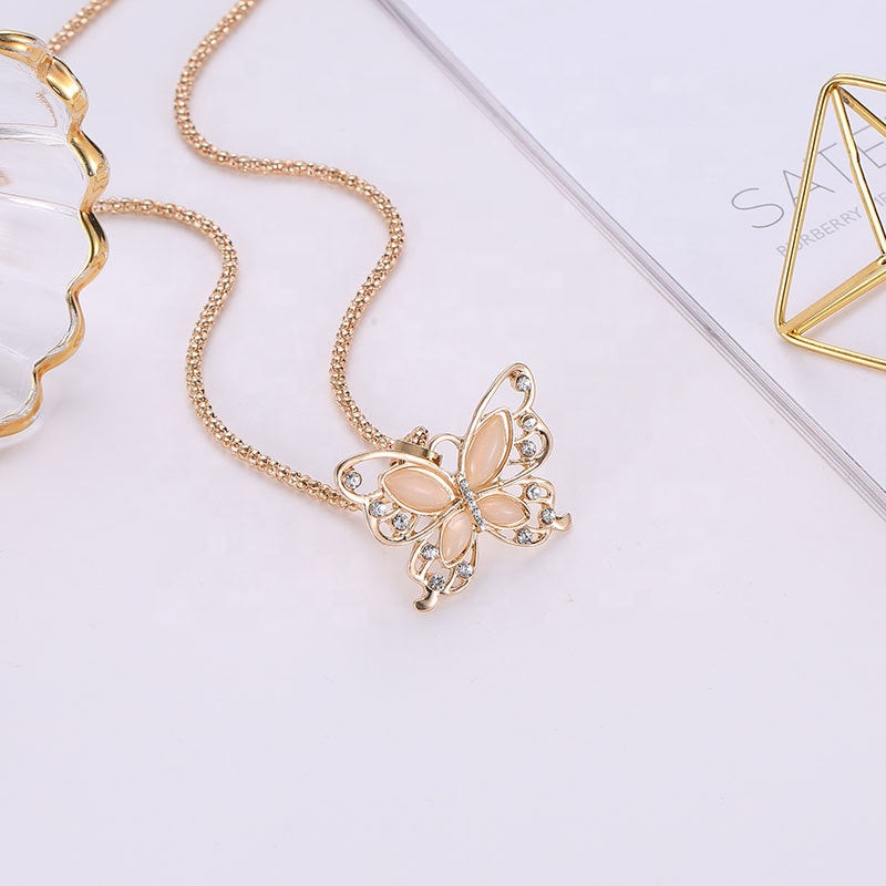 Trendy fashion Alloy women butterfly sweater chain rose gold opal crystal rhinestone butterfly charm jewelry dainty butterfly necklace
