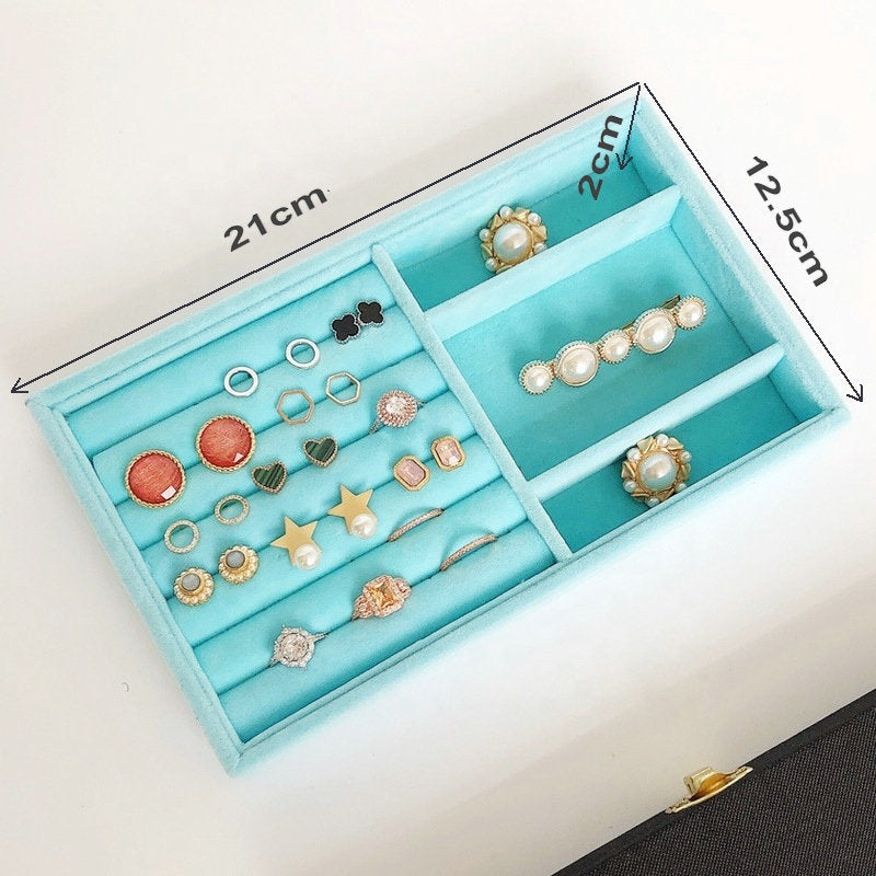 21*12.5*2cm Blue Drawer Divider Wooden with Luxury Velvet Jewellery Storage Earring Ring Organizer Jewelry Display Tray