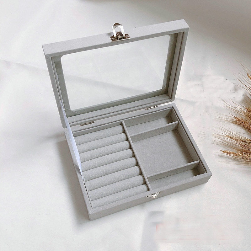 20*15*5cm Gray Velvet Flannelette Glass Acrylic Tray with lid  Necklace Earring Ring Showcase Storage Organizer Box Jewellery Display Tray