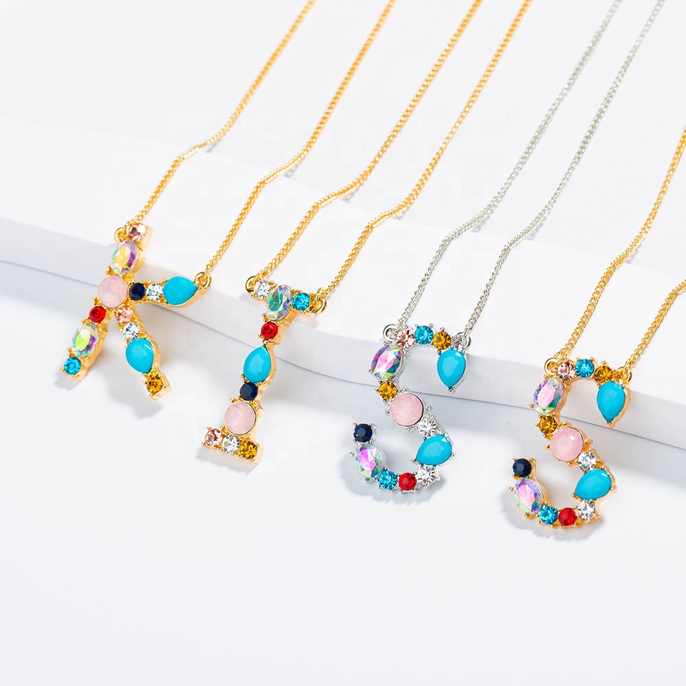 Bohemian Alloy Rainbow Necklace Jewelry Color Zircon Crystal Rhinestone Alphabet Initial Letter Gold Name Necklace for Mom women girls