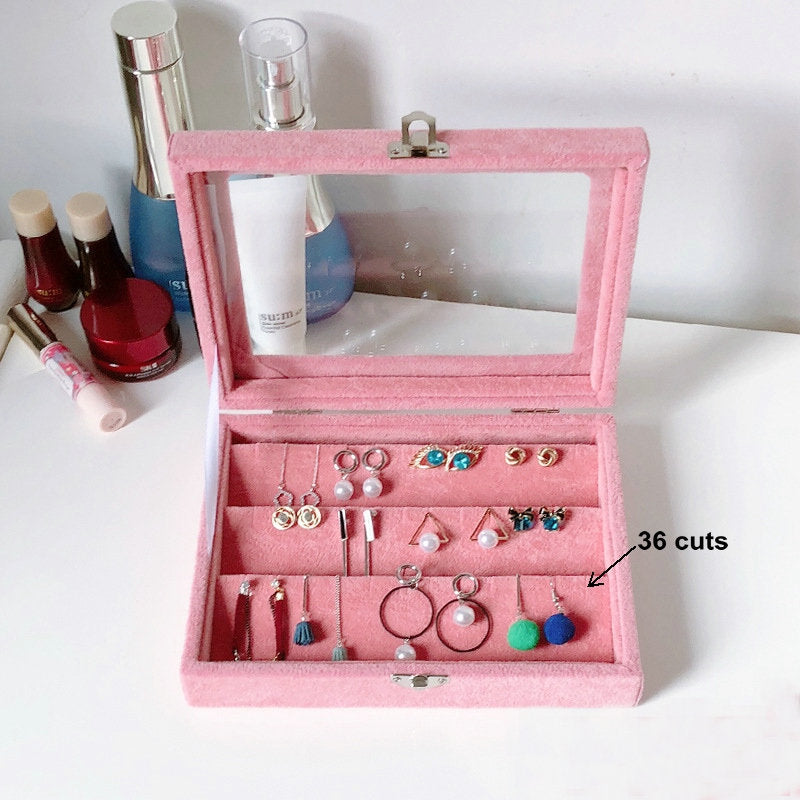 Pink Velvet jewelry tray with lid Luxury Wood Ring Earring Storage Case Display Box Organizer