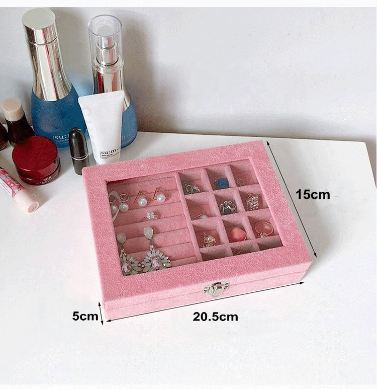Pink Velvet jewelry tray with lid Luxury Wood Ring Earring Storage Case Display Box Organizer