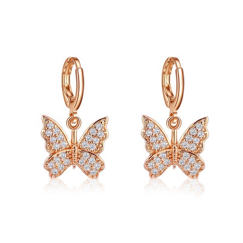 Korea trendy fashion crystal rhinestone butterfly earring jewelry gold color butterfly huggie hoop earrings