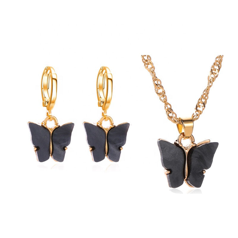 Fashion trendy accessories acrylic butterfly charm pendan necklace andt earrings jewelry set