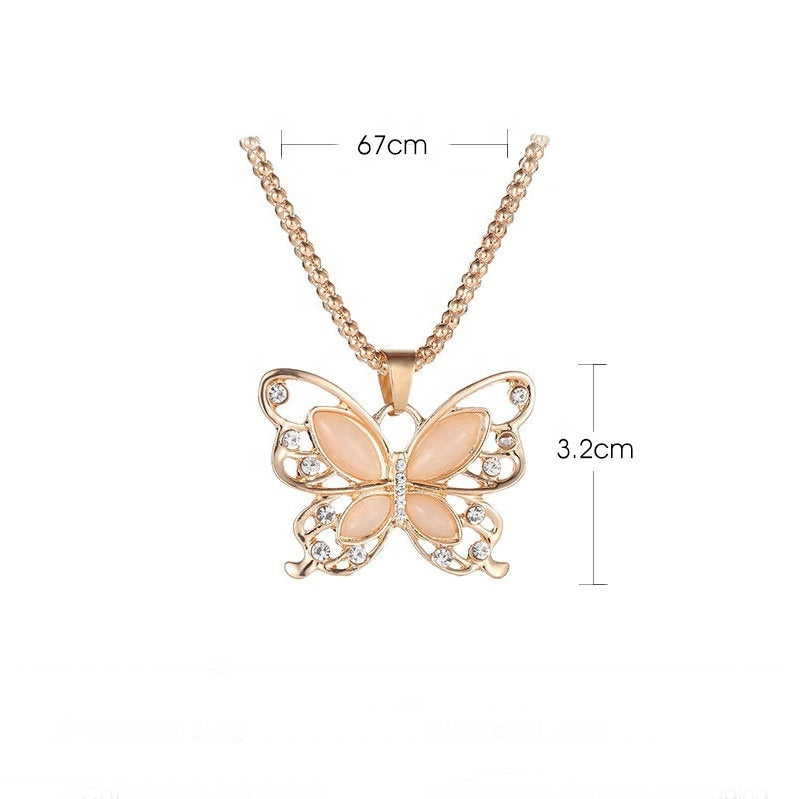 Trendy fashion Alloy women butterfly sweater chain rose gold opal crystal rhinestone butterfly charm jewelry dainty butterfly necklace