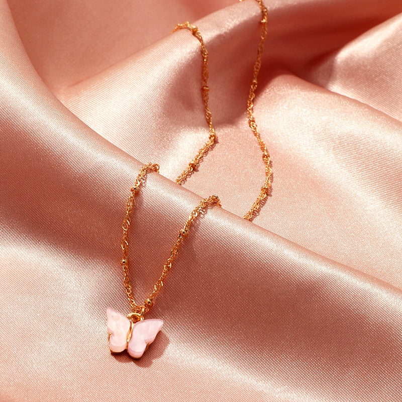 6 colors available fashion trendy resin acrylic pendant butterfly with beads chain necklace jewelry women