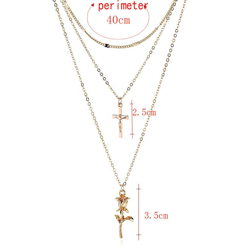 Trendy Alloy babygirl women necklace cross and rose pendant gold plated layered necklace