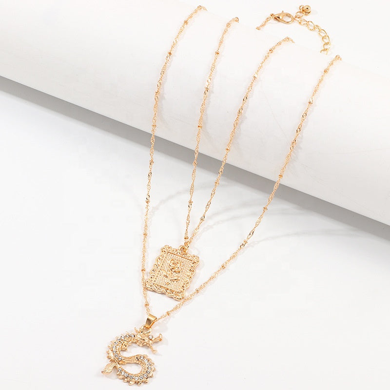 Vintage Alloy Jewelry Necklace Animal Crystal Rhinestone Rose Coin Pendant Multi layered Zodiac Gold Dragon Necklace