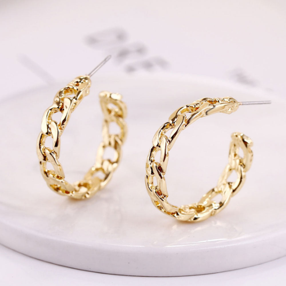handmade fashion alloy gold rose gold cuban chain twist curve c shaped hoop earrings jewelry