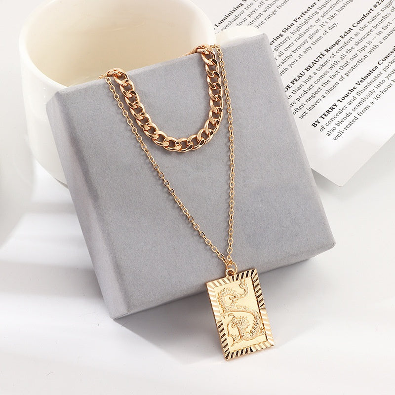 Trendy alloy Punk Gold Dragon Coin Pendant Necklace Jewelry Cuban Link Choker Layered Zodiac Dragon Necklace