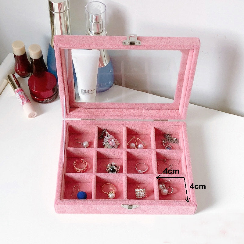Pink Velvet jewelry tray with lid Luxury Wood Ring Earring Storage Case Display Box Organizer