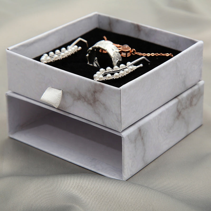 MOQ 10pcs eco friendly white paper slide out drawer luxury marble gift box earring necklace jewelry packaging