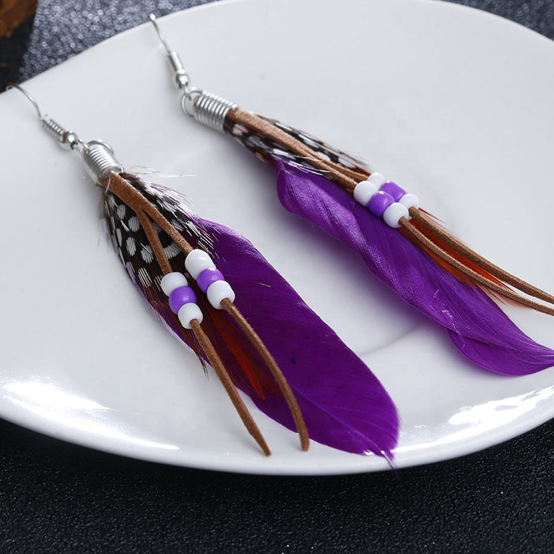 Vintage Ethnic Rainbow beads Feather Beaded Dangle Long Drop Earrings for Women Female Boho Alloy Jewelry Accessories